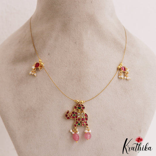 Classic Elephant Motifs Jadau Invisible Chain With Pink Bead Drops NC2988