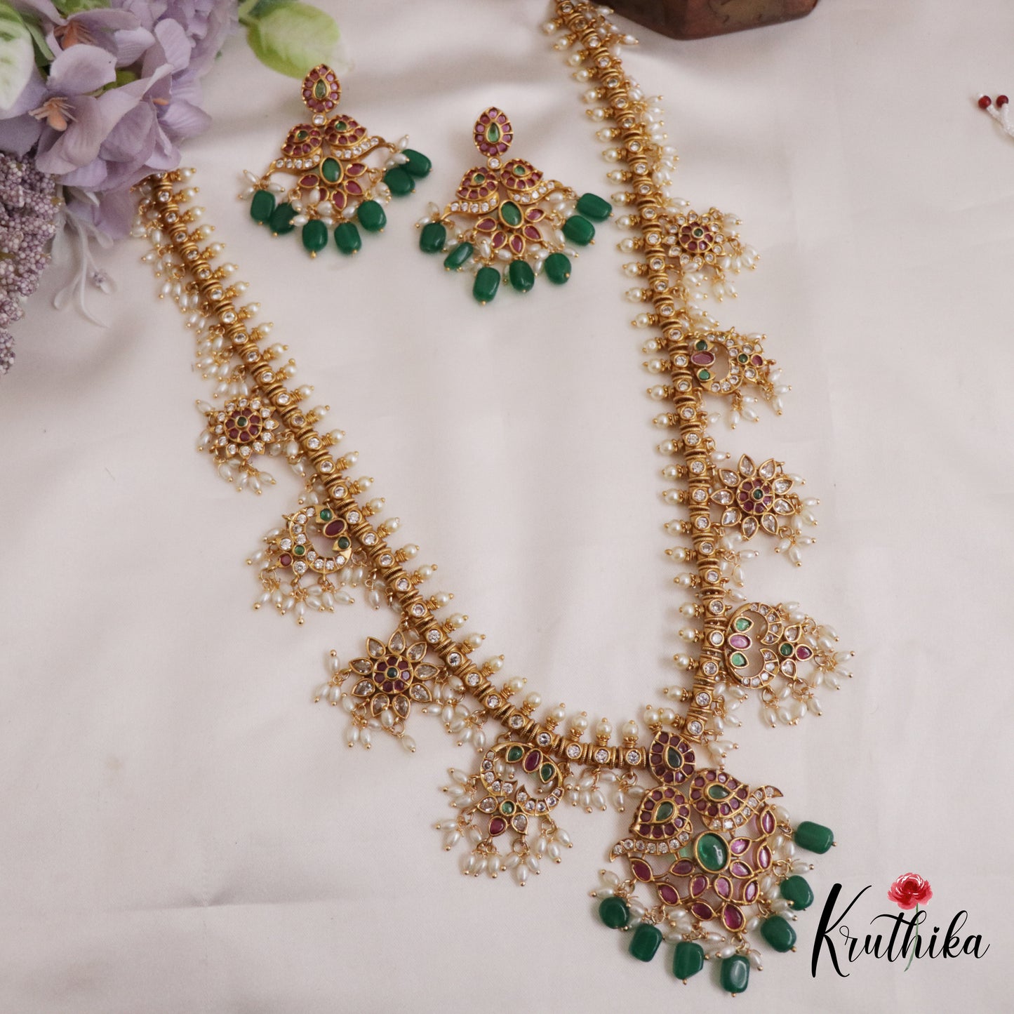 Gorgeous Kemp Floral Mango Motifs Guttapoosalu Haaram With Green Bead Drops LH2040