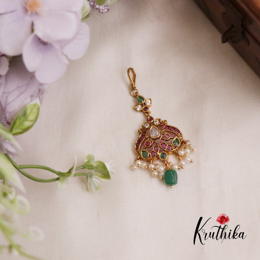 Elegant Kemp Peacock Maang Tikka with Pearl Drops MT276