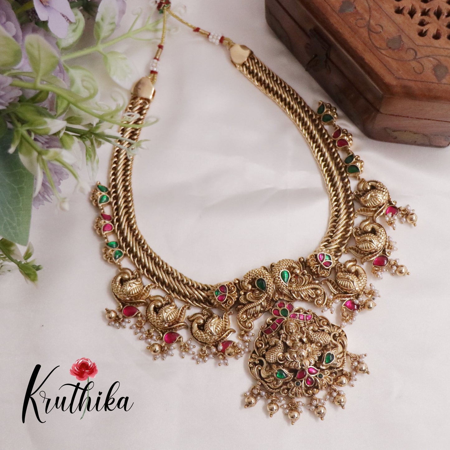 Royal Antique Jadau Lakshmi Pendant and Peacock Necklace NC2231 (Available in 3 Colours)