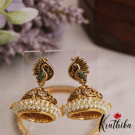 Beautiful Peacock Motifs Gold-Tone Jhumkas With Pearl Border E1072