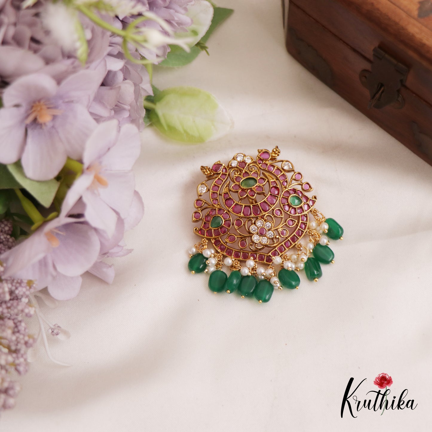 Traditional Peacock Floral Motifs Jadau Pendant With Green Bead Drops PS279