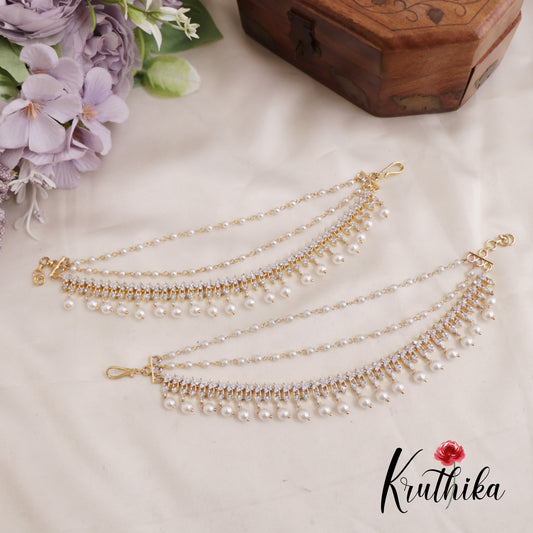 Simple Trendy CZ Teardrop Earchains With Pearl Drops EC188