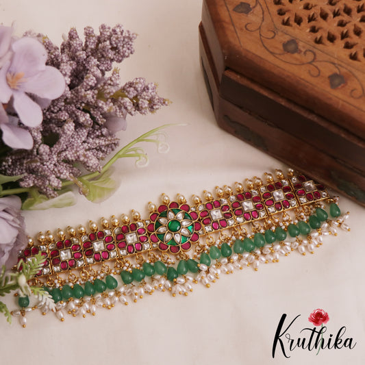 Stunning Floral Motifs Jadau Choker With Green Bead Drops NC2820