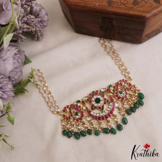 Elegant Floral Peacock Motifs Jadau Choker with Triple Strand Pearl Chain NC2975