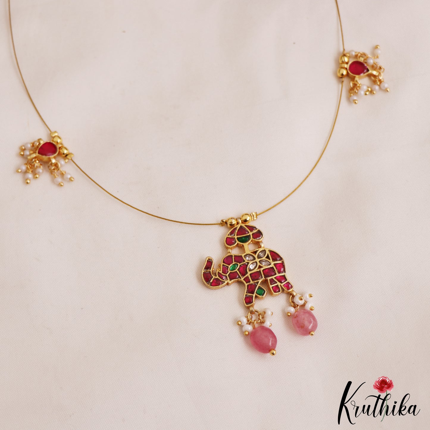 Classic Elephant Motifs Jadau Invisible Chain With Pink Bead Drops NC2988