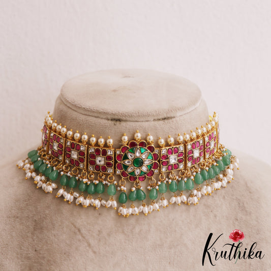Stunning Floral Motifs Jadau Choker With Green Bead Drops NC2820