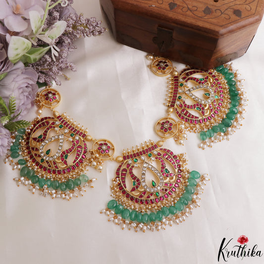Royal Floral Peacock Motifs Jadau Necklace With Green Bead Drops NC3112