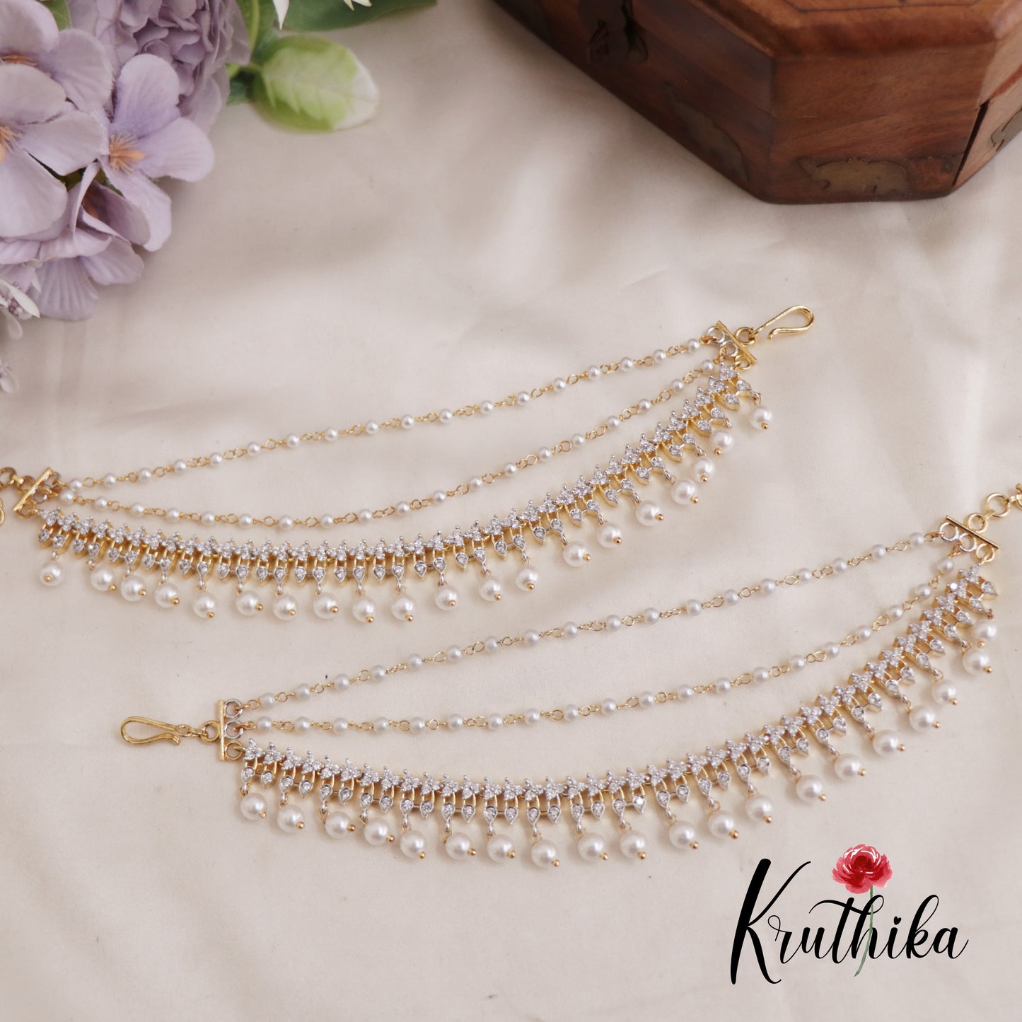 Simple Trendy CZ Teardrop Earchains With Pearl Drops EC188