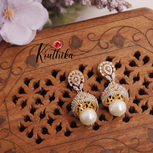 Beautiful CZ Sparkling Jhumka with Pearl Drop E619