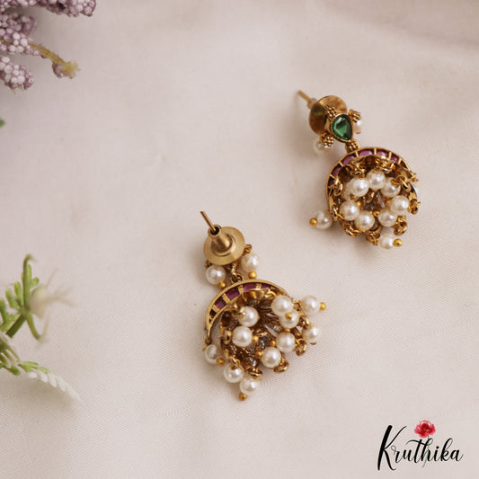 Elegant Teardrop Motifs Kemp Jhumkas With Pearl Drops E1115