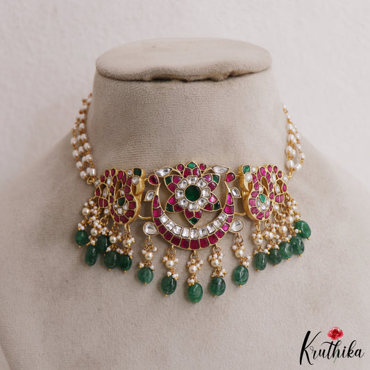 Elegant Floral Peacock Motifs Jadau Choker with Triple Strand Pearl Chain NC2975