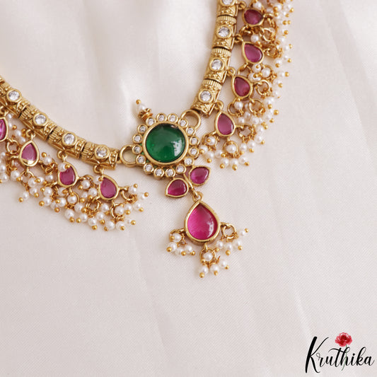 Trendy Floral Teardrop Motifs Kemp Choker With Pearl Drops NC3163