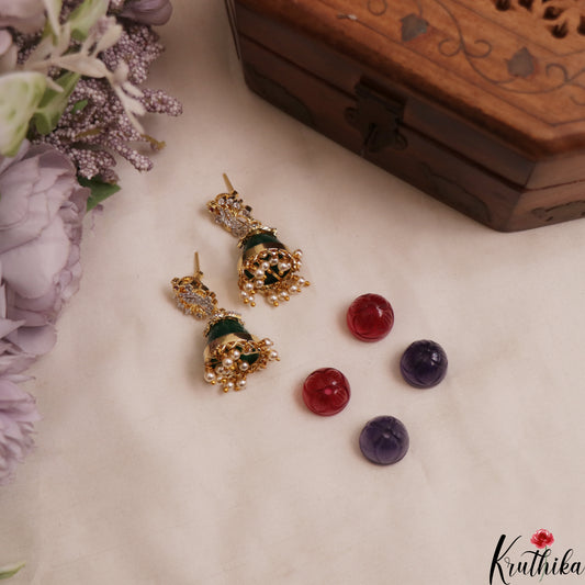Elegant CZ Peacock Motifs Earrings With Interchangeable Jhumka Stones E1141