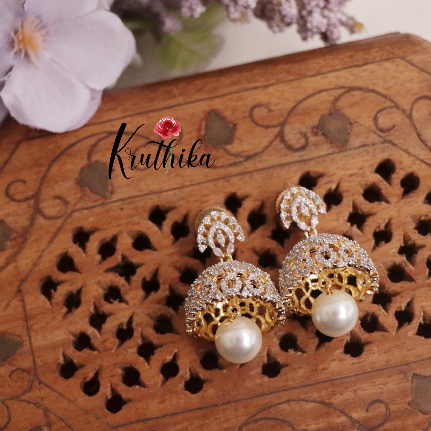 Trendy CZ Sparkling Jhumka Pearl Drops E655
