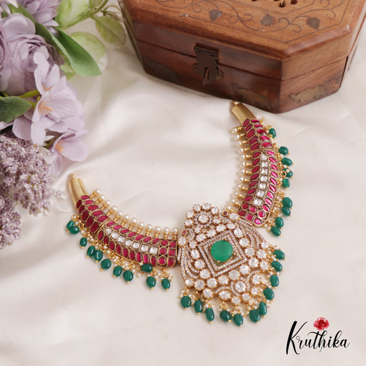 Gorgeous Peacock Floral Motifs Jadau Choker With Green Bead Drops NC2660
