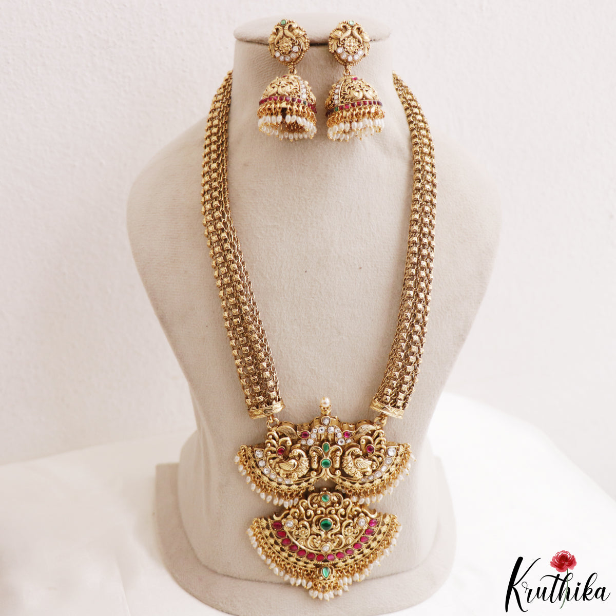Gorgeous Antique Peacock Motifs Jadau Haaram With Pearl Drops LH2215