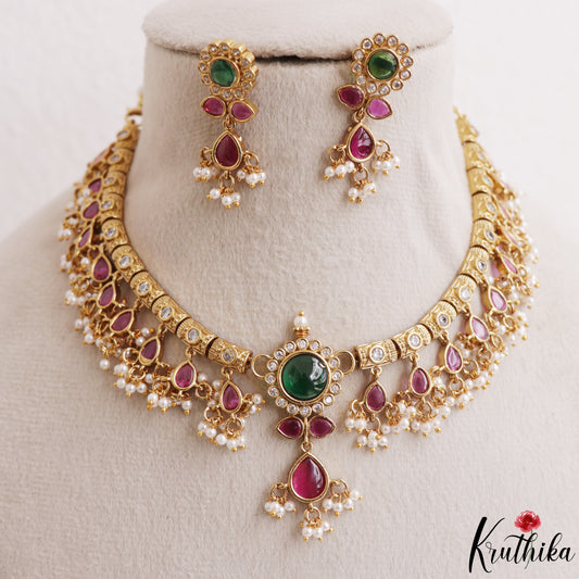Trendy Floral Teardrop Motifs Kemp Choker With Pearl Drops NC3163