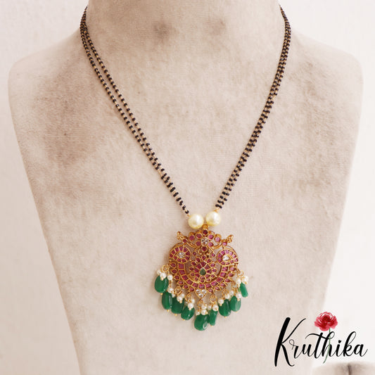 Classic Floral Mango Motifs Double Layered Mangalsutra With Green Bead Drops NC2905