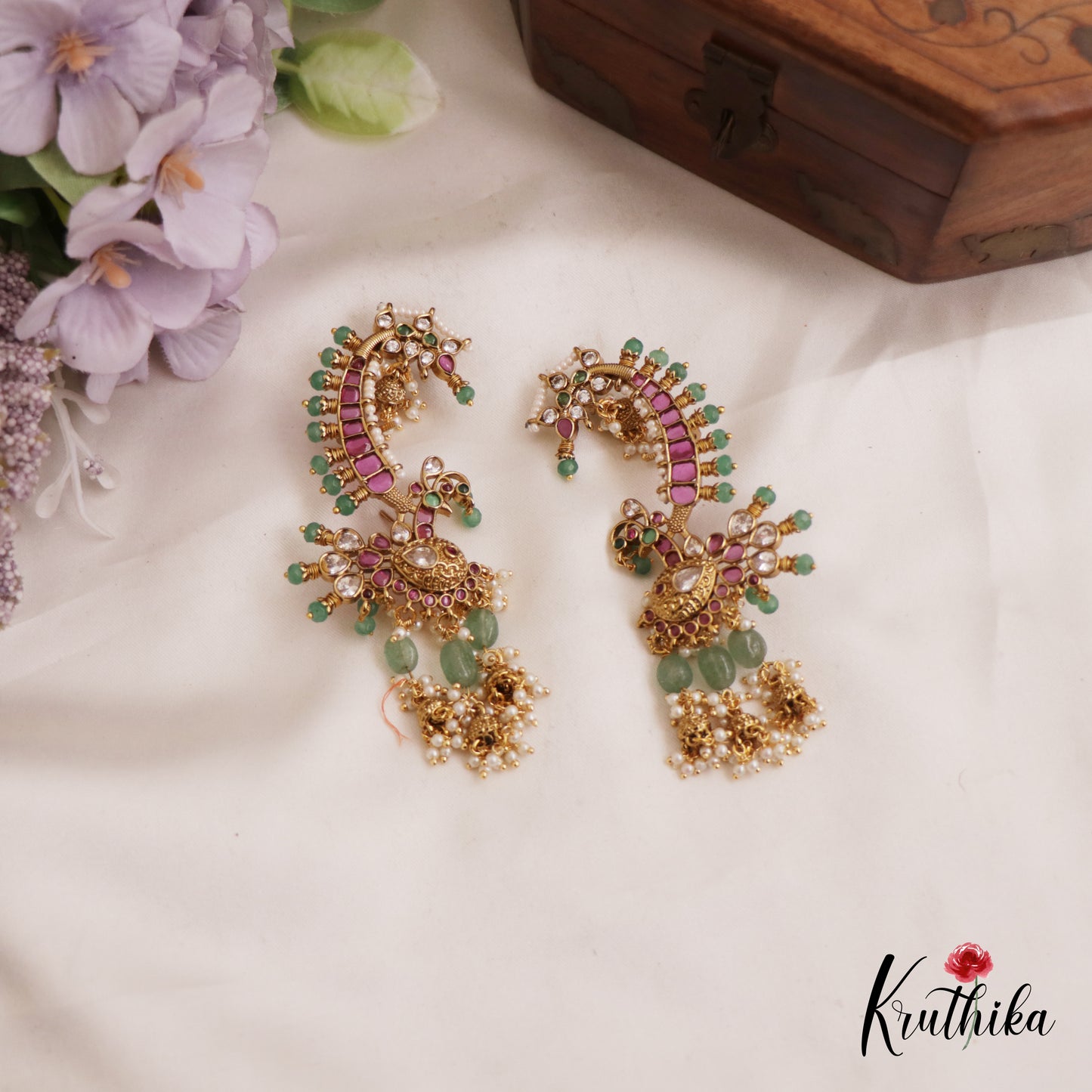 Elegant Peacock Motifs Kemp Ear Cuff With Jhumka E999
