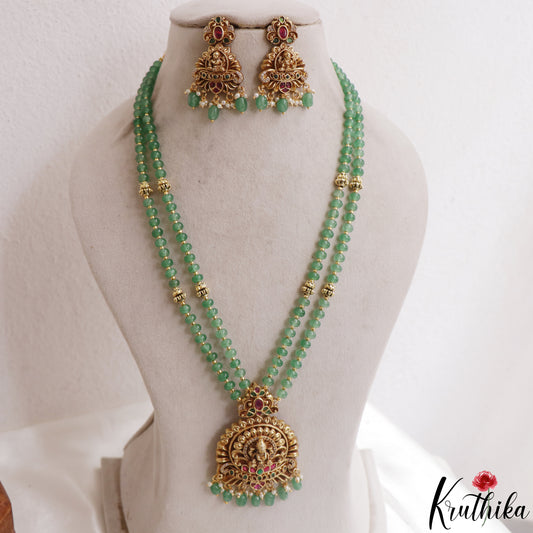 Beautiful Antique Lakshmi Motifs Double Layered Green Beads Haaram LH2157