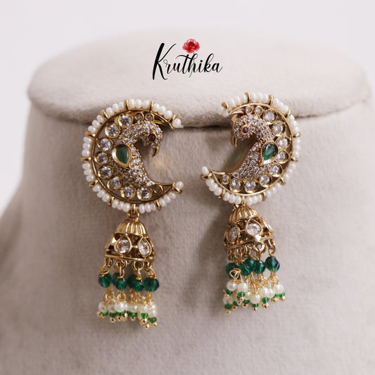 Sparkling AD Peacock Jhumkas With Bead And Pearl Drops Earrings E807