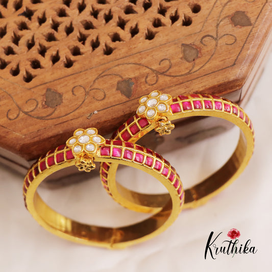 Premium Floral Motifs Openable Jadau Kada B455 (Set of 2)|(Available In 3 Colors)