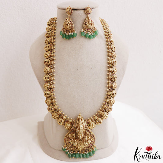 Premium Antique Nagas Lord Shiva Motifs Temple Haaram With Green Bead Drops LH2220