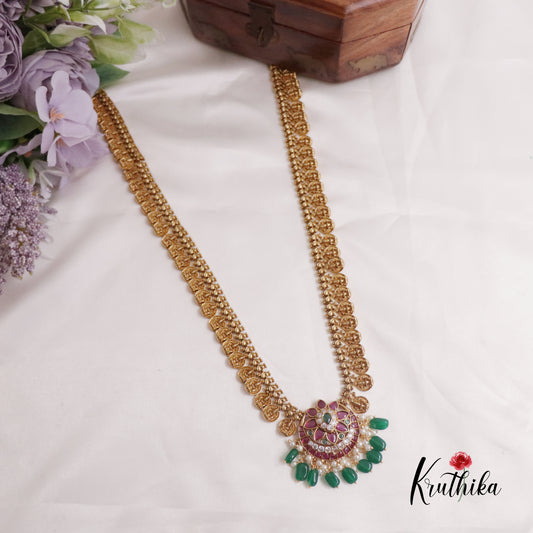 Beautiful Antique Kemp Floral and Kasu Mala Haaram with Green Beads LH1948