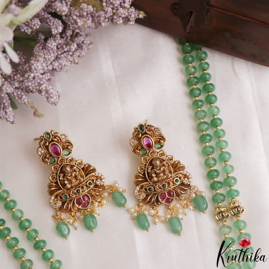 Beautiful Antique Lakshmi Motifs Double Layered Green Beads Haaram LH2157