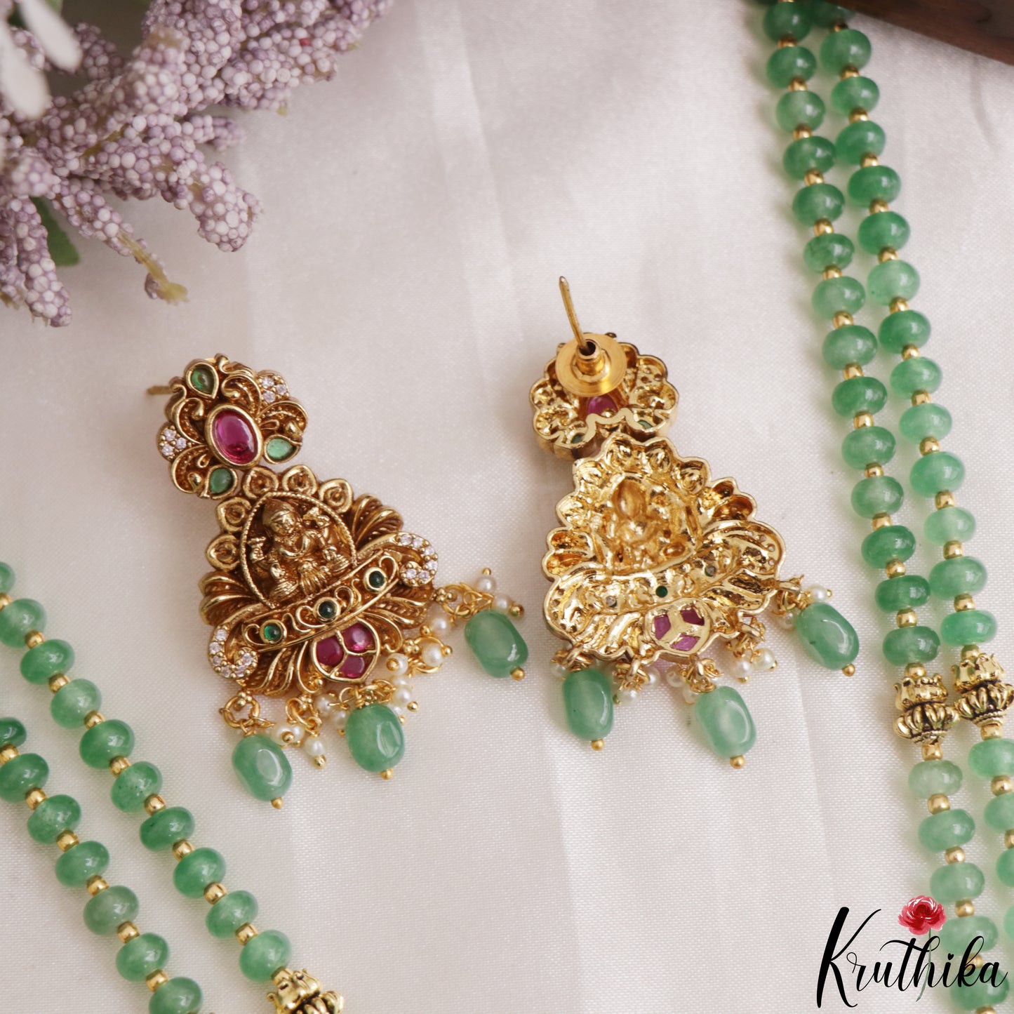Beautiful Antique Lakshmi Motifs Double Layered Green Beads Haaram LH2157
