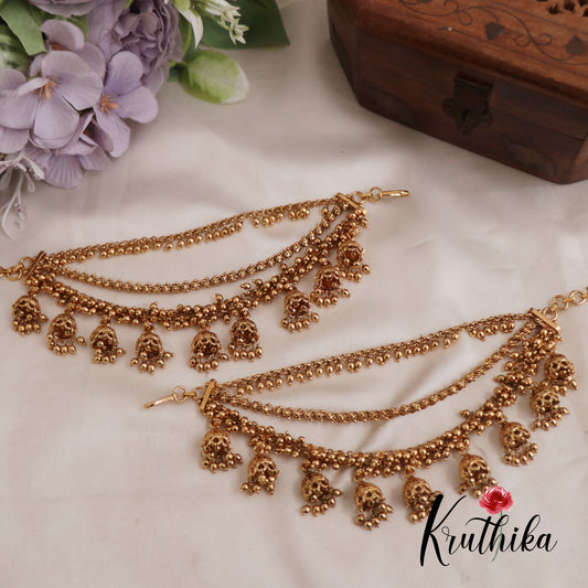 Gorgeous Triple Strand Earchains With Jhumka drops And Golden Beads EC162