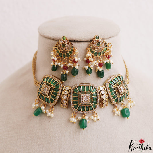 Premium Square Motifs Kemp Choker With Bead Drops NC3201 (Available In 2 Colors)