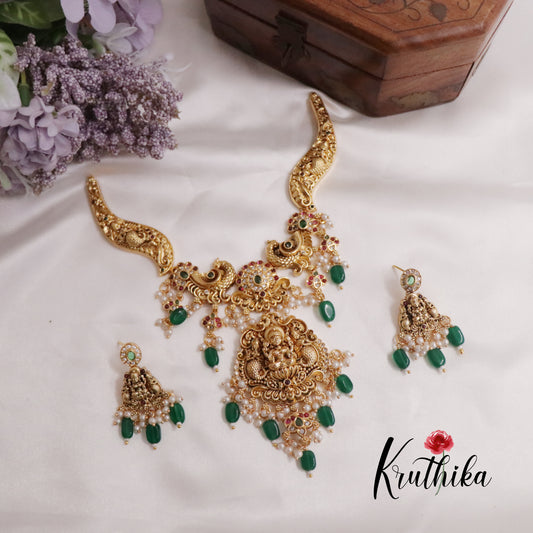 Beautiful Antique Peacock and Temple Lakshmi Pendant Necklace with Green Beads Drop NC2238