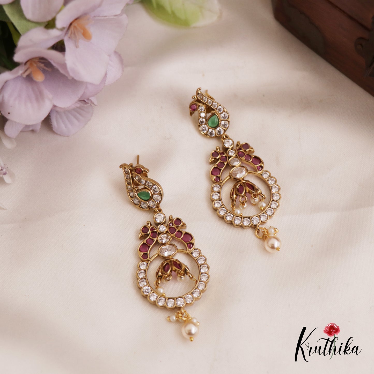 Gorgeous AD Peacock Motifs Kemp Pendant Set With Pearl Drops PS276