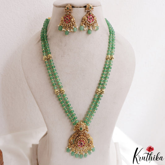 Pretty Antique Floral Motifs Double Layered Green Beads Jadau Haaram LH2158