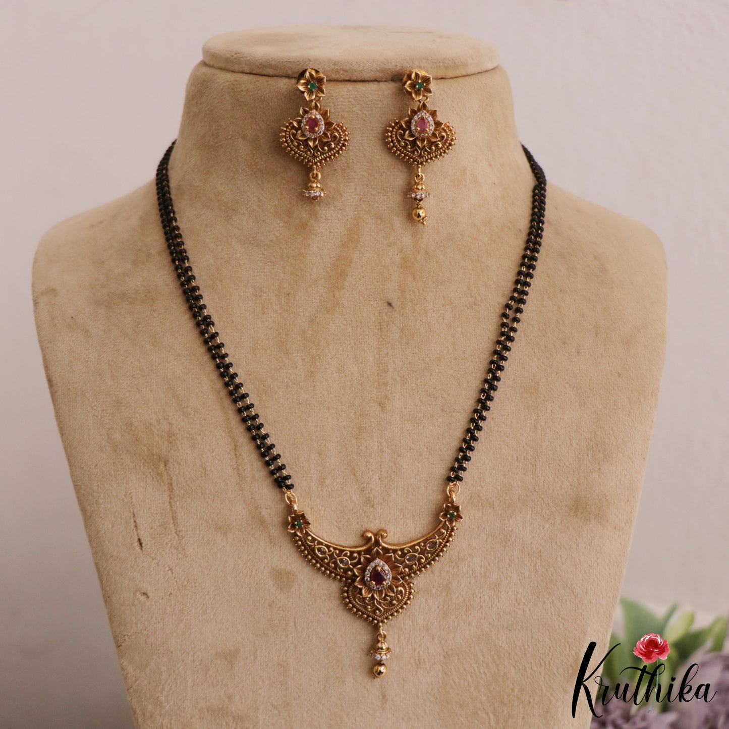 Beautiful Floral Teardrop Motifs Mangalsutra with Earrings Set NC2635