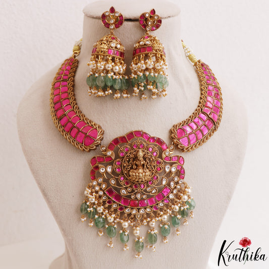 Royal Antique Nagas Lakshmi Motifs Jadau Necklace With Green Bead Drops NC3237