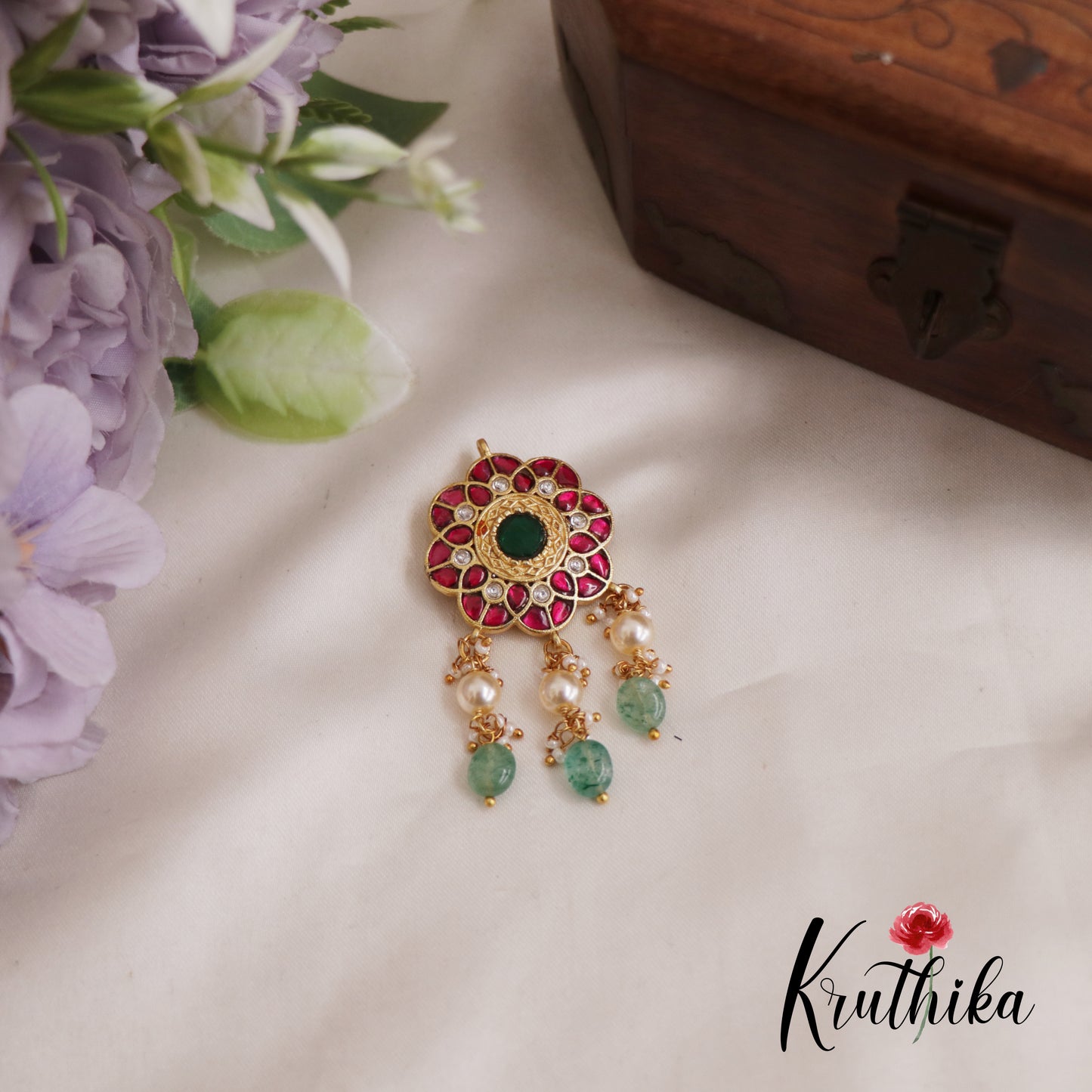 Elegant Floral Motifs Jadau Pendant With Pearl And Bead Drops PS254