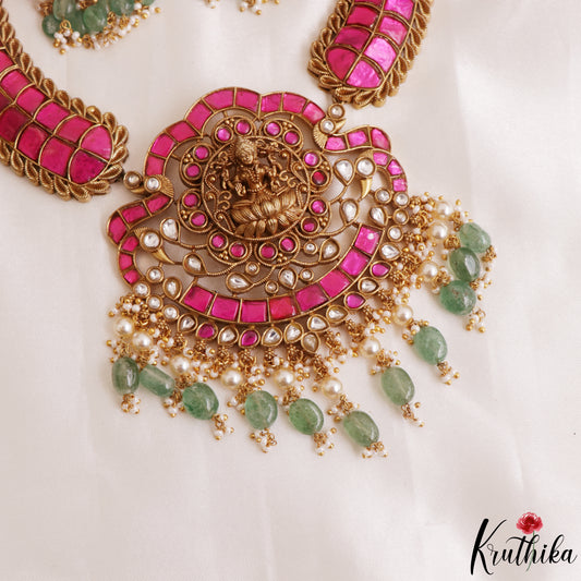 Royal Antique Nagas Lakshmi Motifs Jadau Necklace With Green Bead Drops NC3237