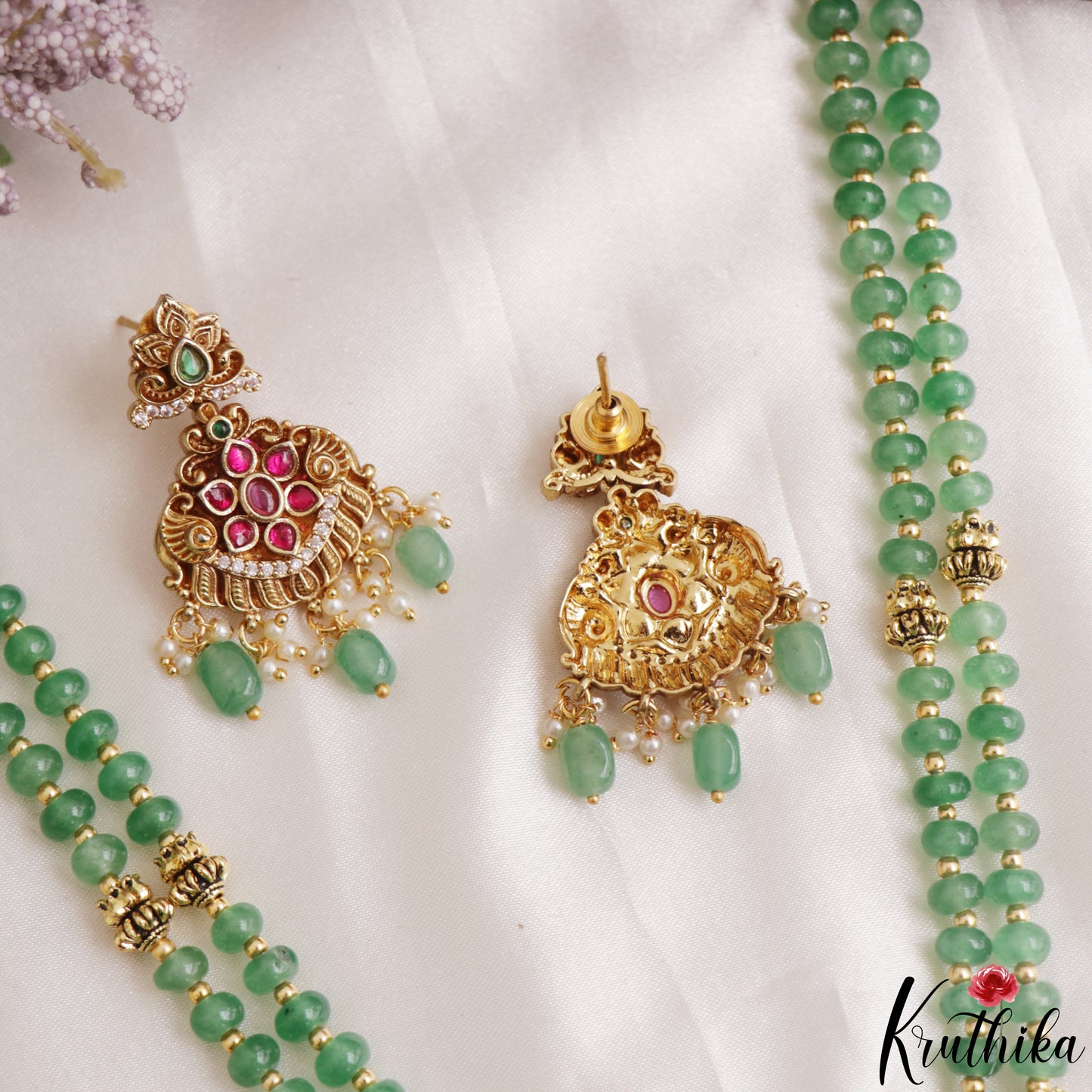Pretty Antique Floral Motifs Double Layered Green Beads Jadau Haaram LH2158