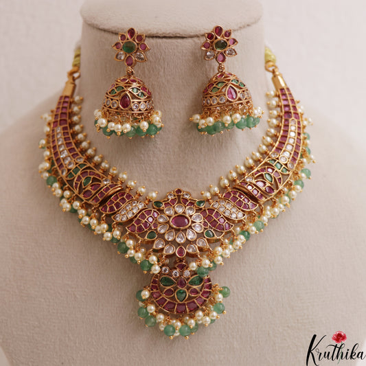 Premium Floral Peacock Motifs Kemp Necklace With Two Interchangeable Pendants NC3025