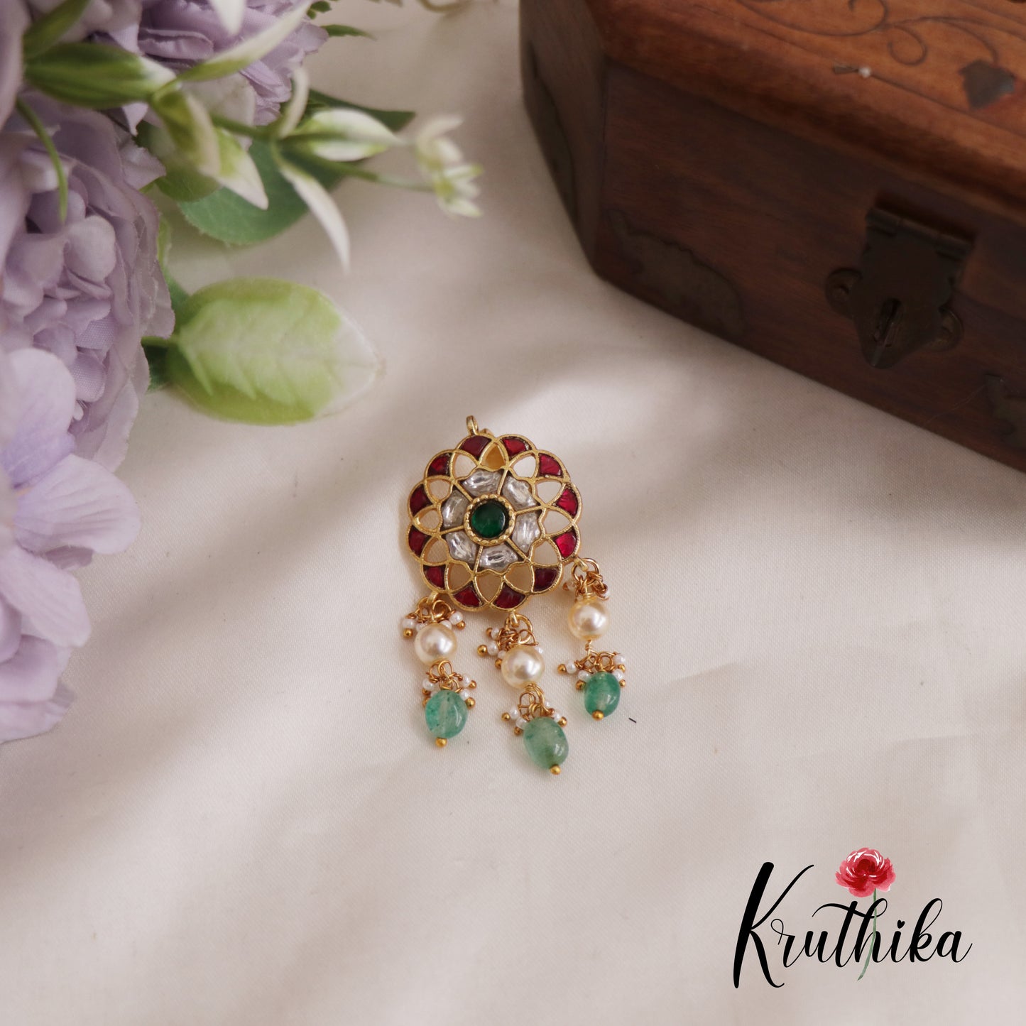 Beautiful Floral Motifs Jadau Pendant With Pearl And Bead Drops PS255
