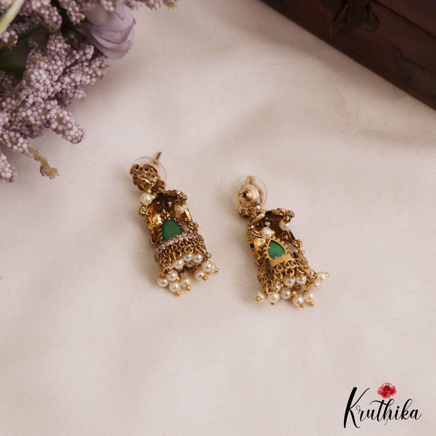 Classic Antique Lakshmi Motifs Jhumkas With Pearl Drops E1116 (Available In 2 Colors)