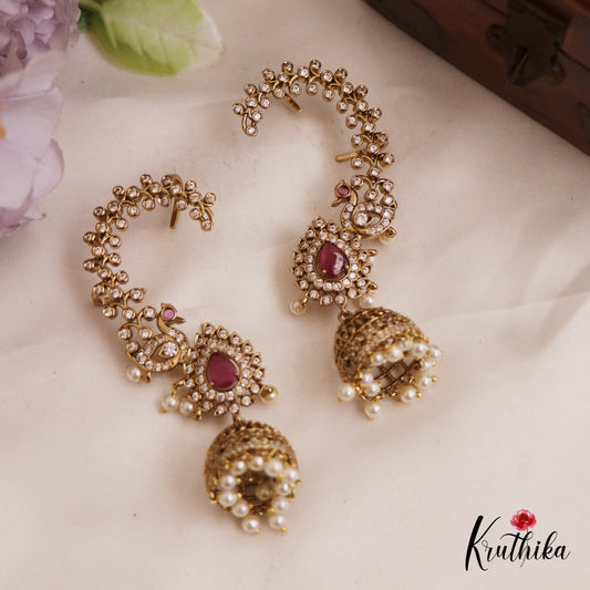 Gorgeous Peacock Teardrop Motifs AD Ear Cuff With Pearl Drops E977 (Available In 5 Colors)