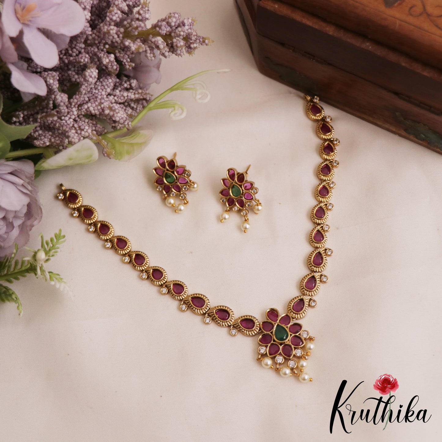 Pretty Mango Motifs Kemp Necklace With Pearl Drops NC2830