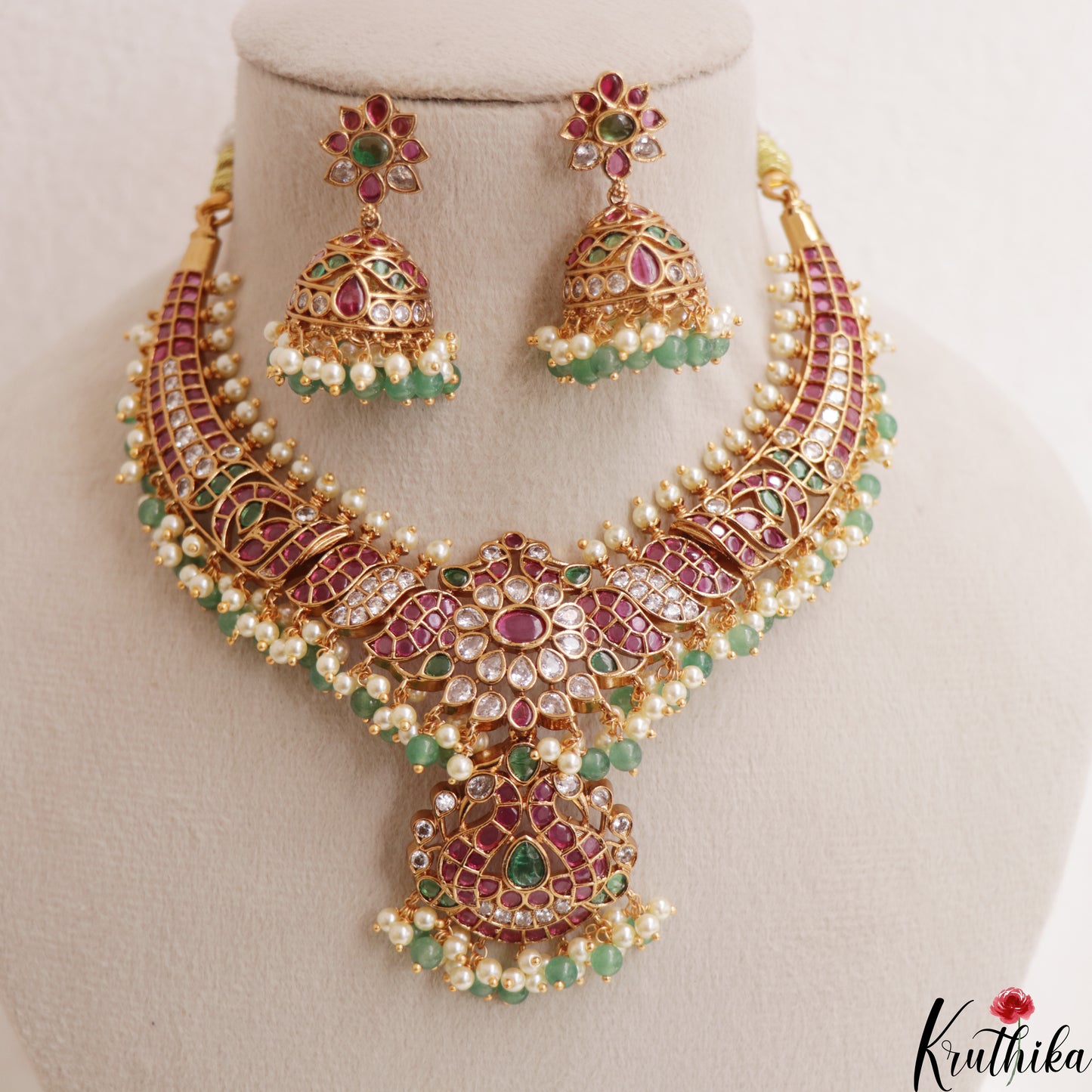 Premium Floral Peacock Motifs Kemp Necklace With Two Interchangeable Pendants NC3025