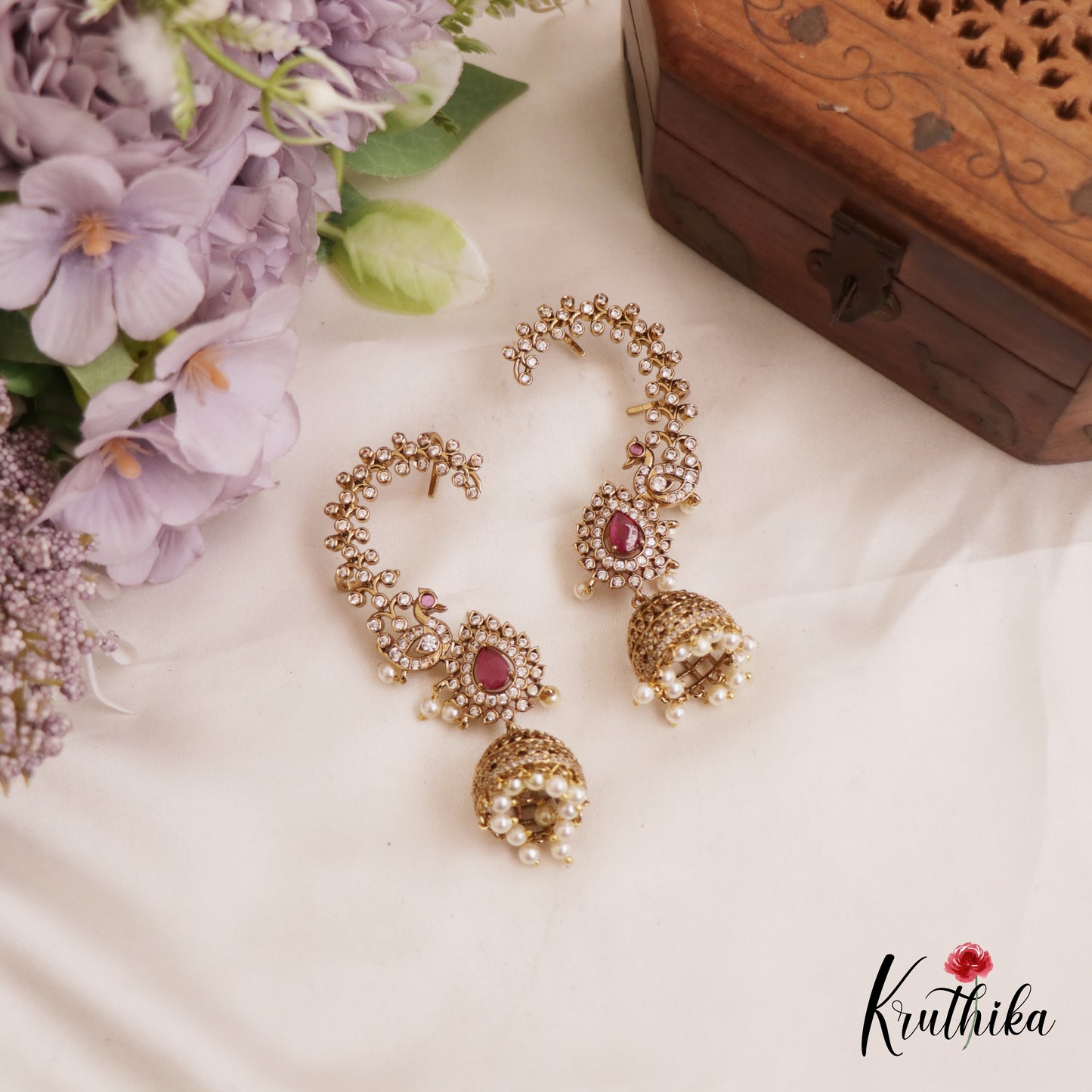 Gorgeous Peacock Teardrop Motifs AD Ear Cuff With Pearl Drops E977 (Available In 5 Colors)