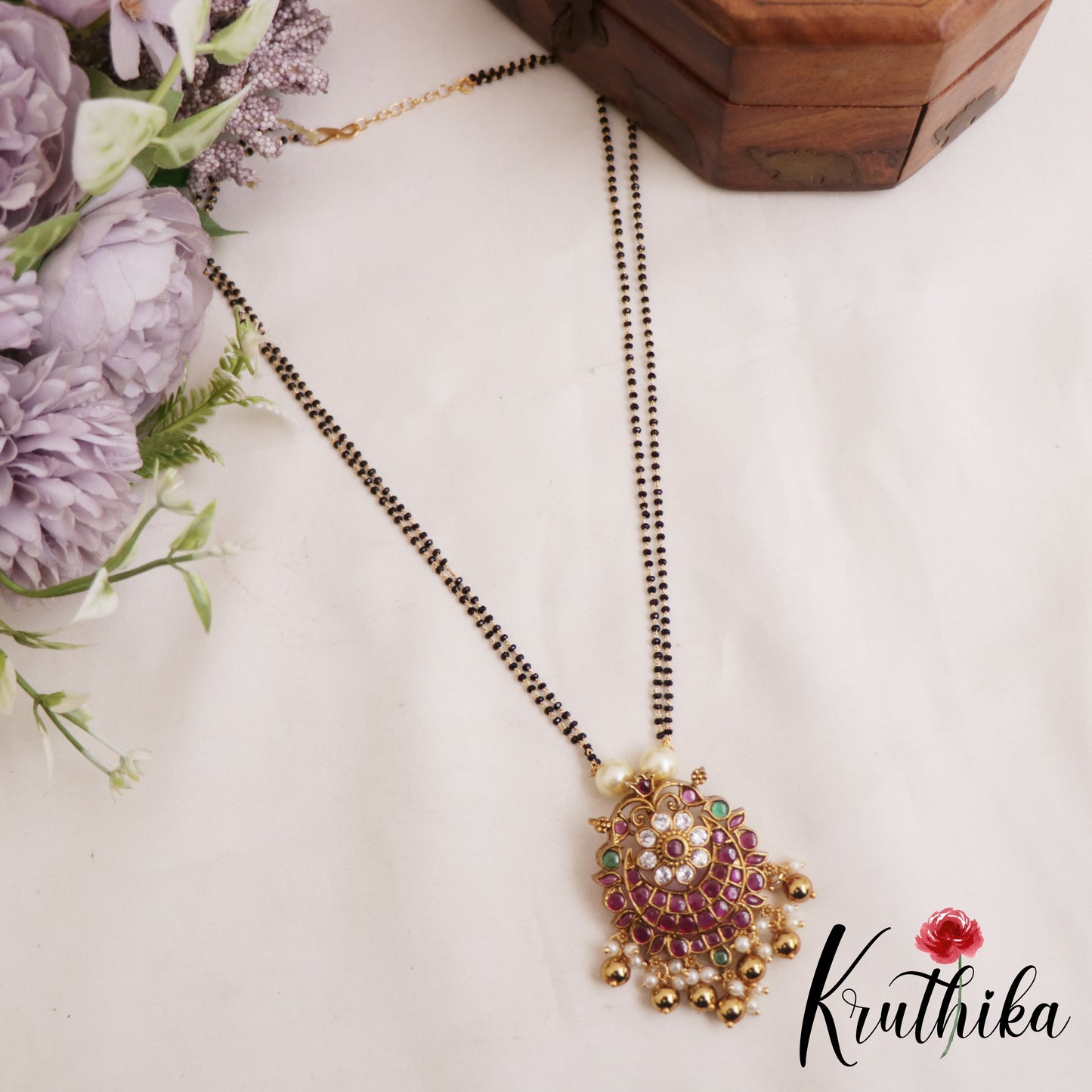 Beautiful Floral Motifs Double Layered Mangalsutra With Bead Drops NC2904