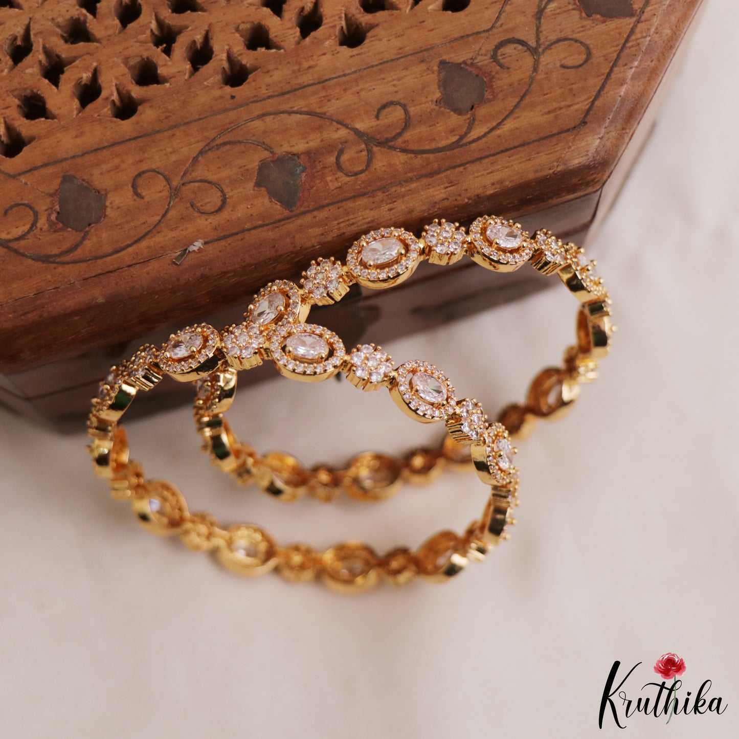 Beautiful Geometric Floral Motifs Diamond-Finish Gold-Tone AD Bangles B532 (Set of 2)